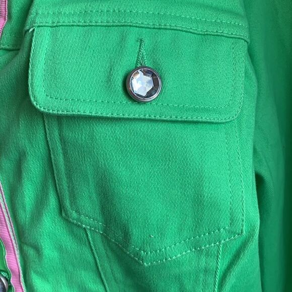 Quacker Factory QVC Embellished Blazer Button Cotton Twill Jacket M Green/Pink - Picture 5 of 11